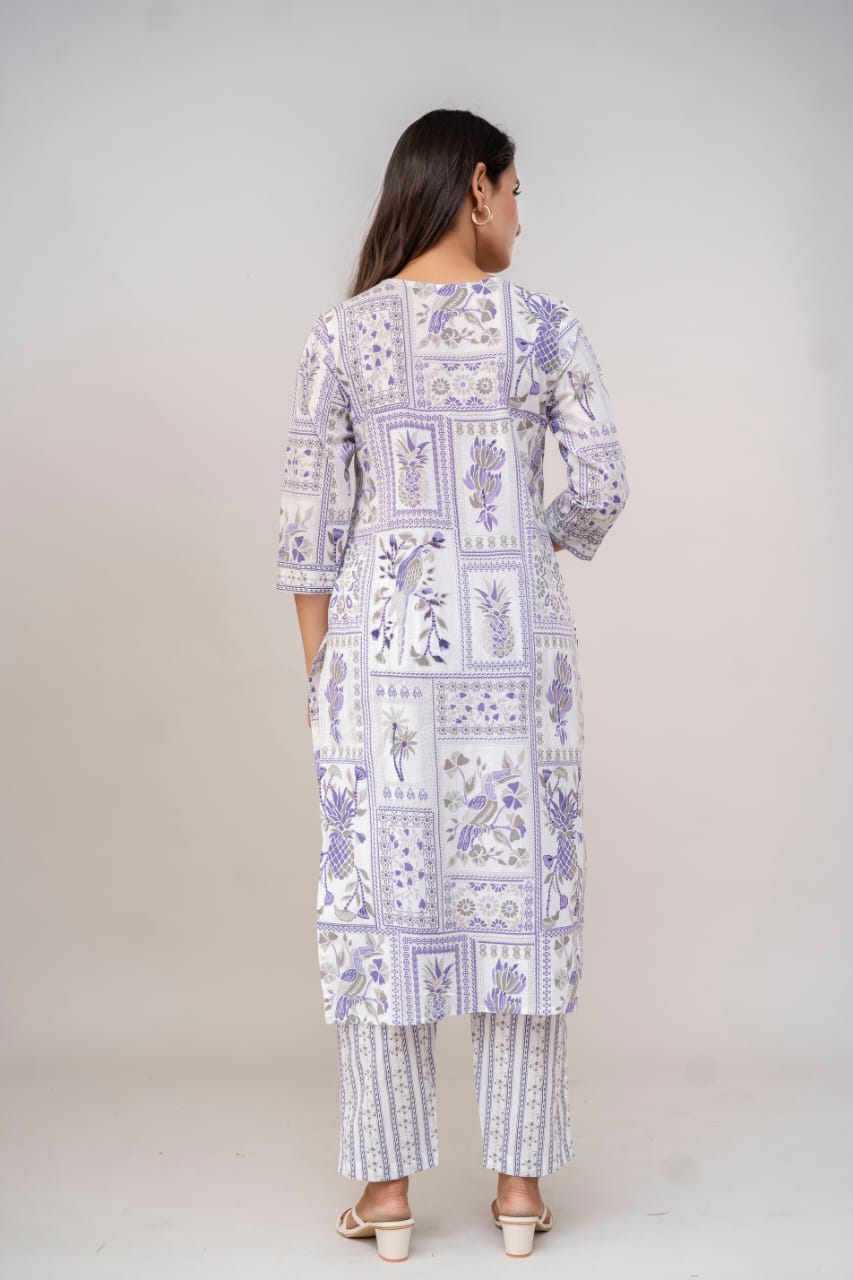 Muted Pink & White Hand-Block Printed Cotton Suit Set with Dupatta