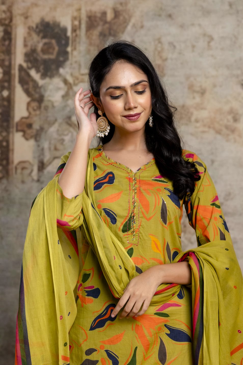 Lime Green Printed Cotton Kurta Set with Striped Pants & Dupatta