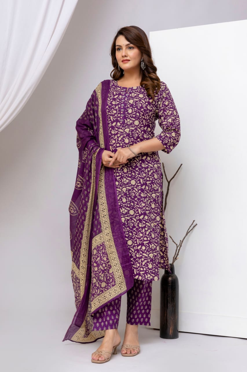 Olive Green Block Print Pure Cotton Suit Set with Border Dupatta