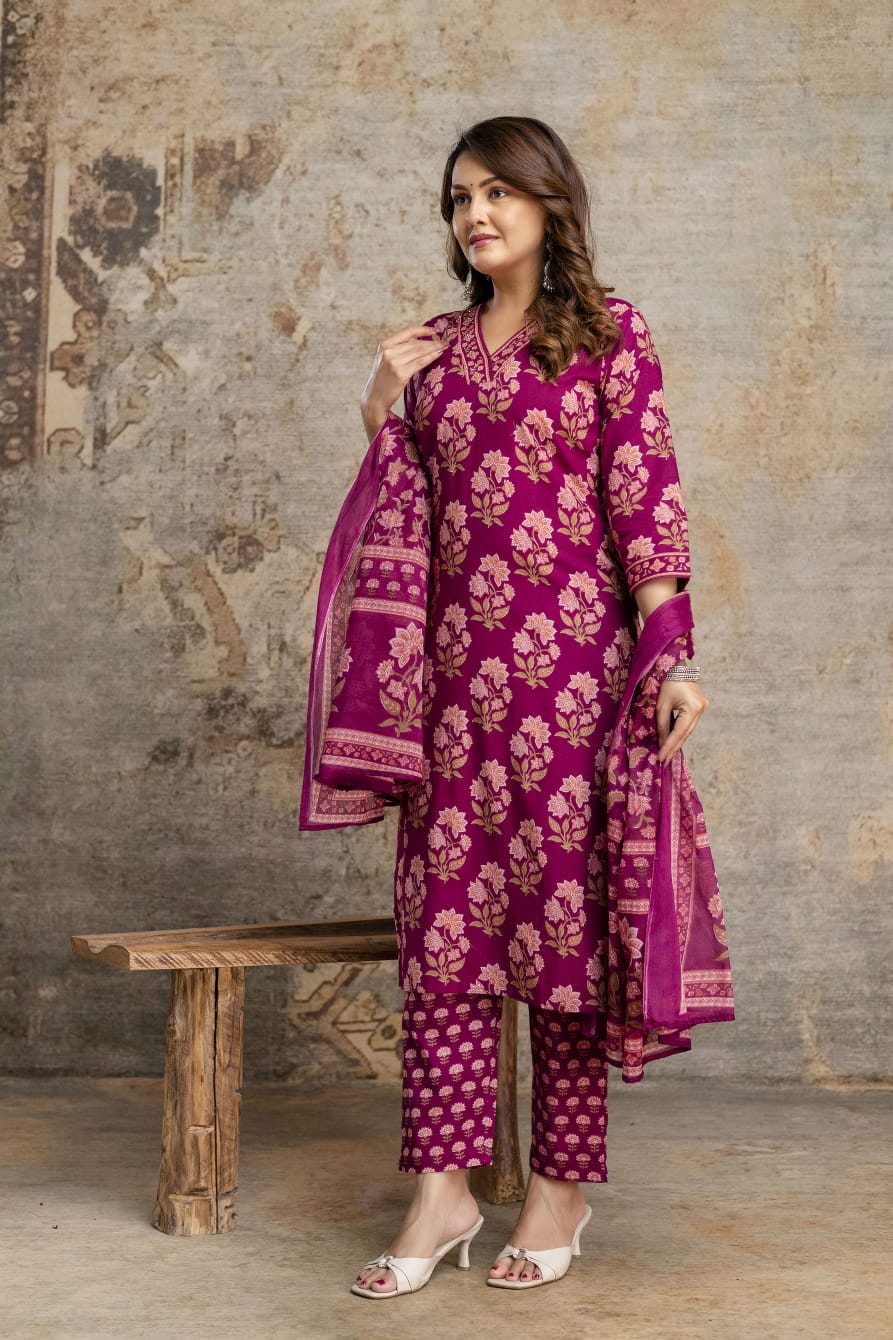 Women's Pink Sanganeri Handblock Cotton Suit Set with Printed Dupatta