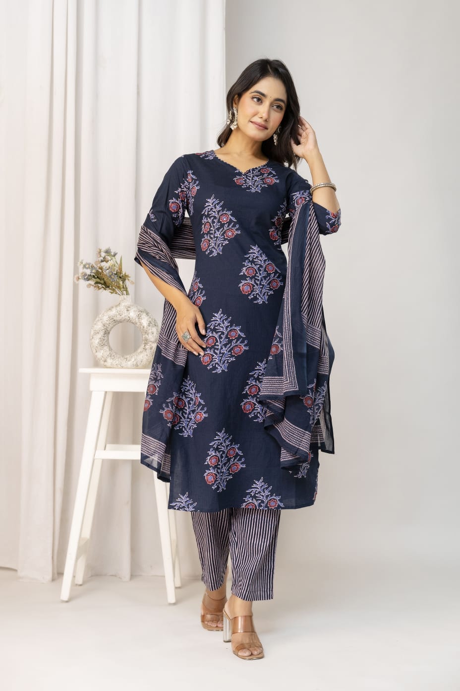 Olive Green Floral Printed Cotton Suit Set with Dupatta