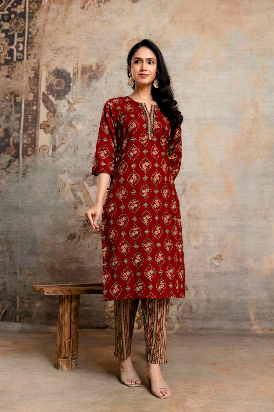 Olive Green Printed Cotton Kurta Set, Contrasting Striped Pants with Detailed Border Dupatta