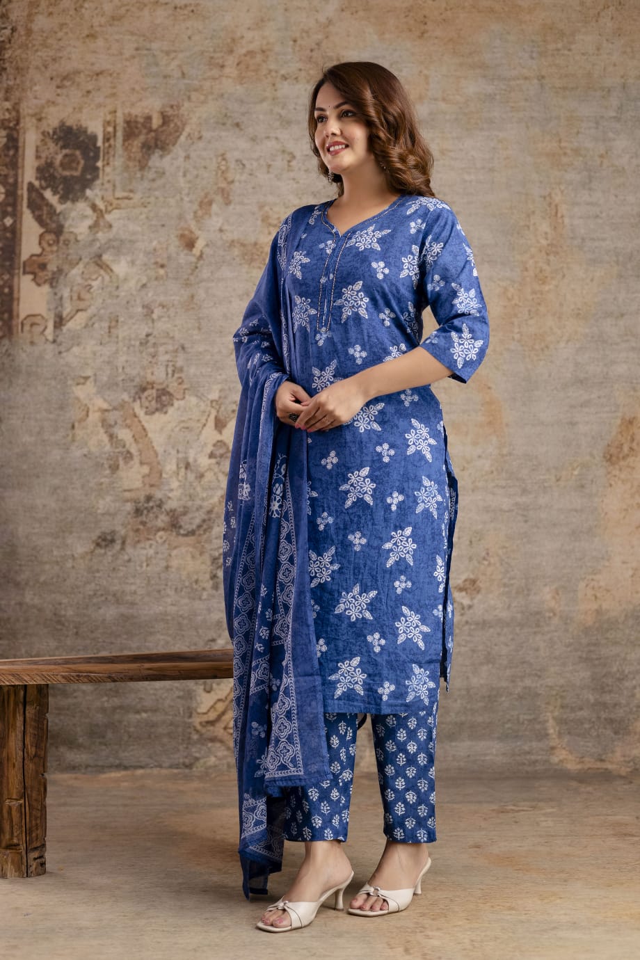 Indigo Blue Pure Cotton Suit Set with White Block Print & Dupatta