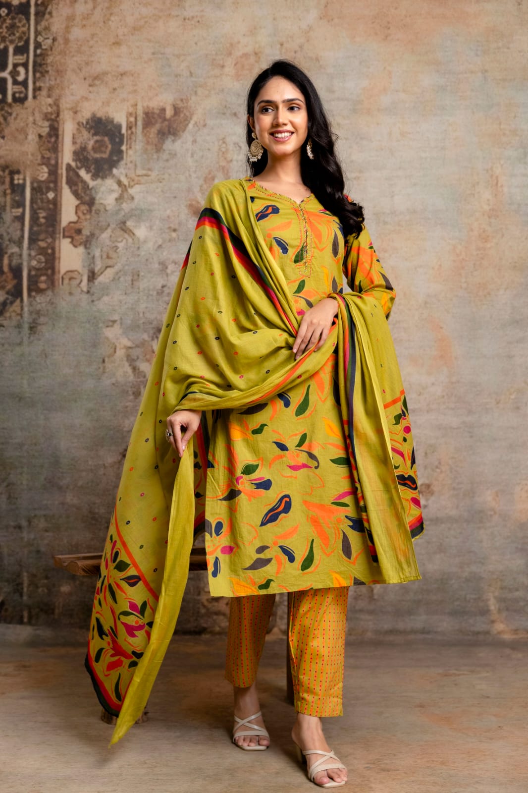 Lime Green Printed Cotton Kurta Set with Striped Pants & Dupatta