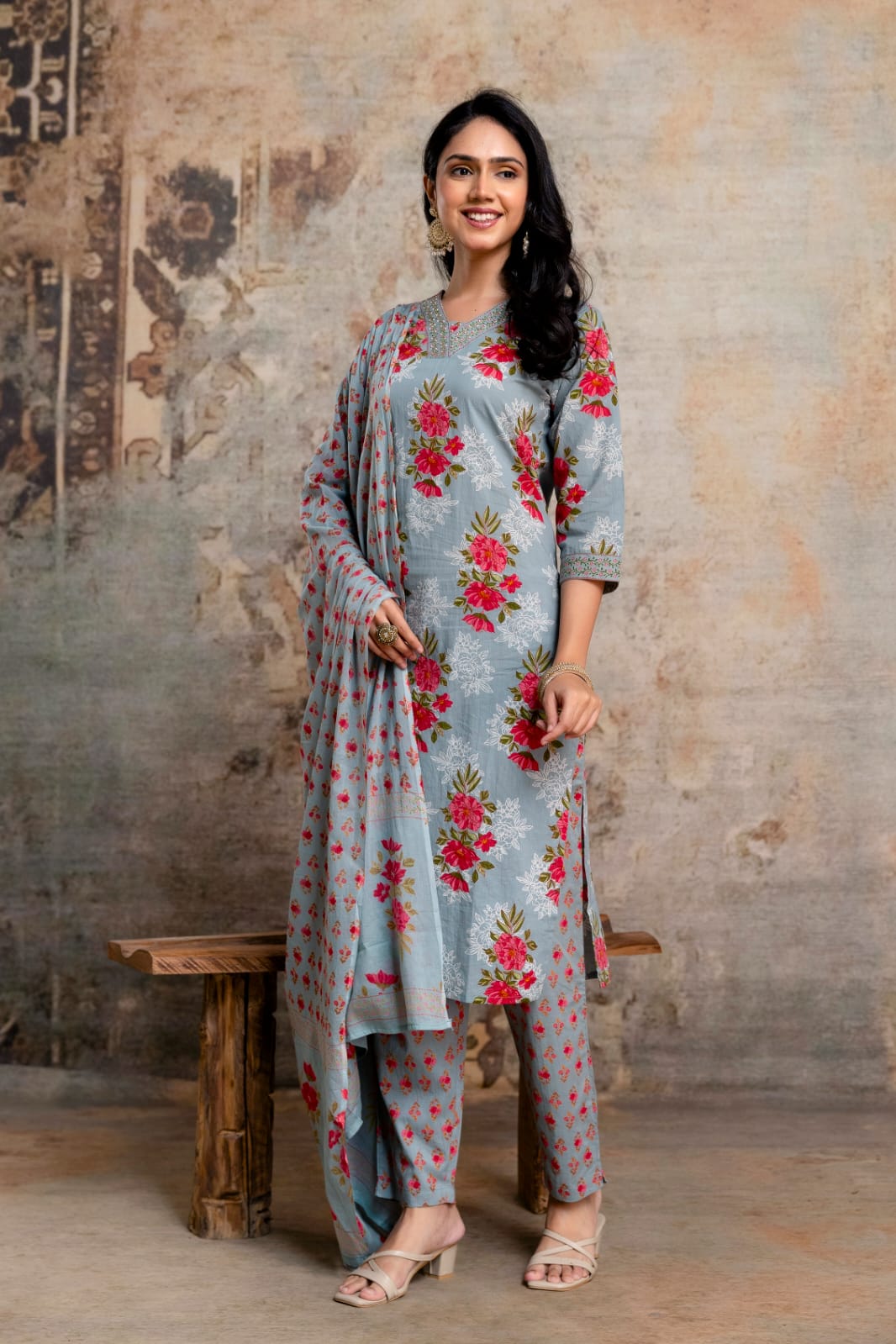 Beige Pure Cotton Suit Set with Pink Floral Block Print
