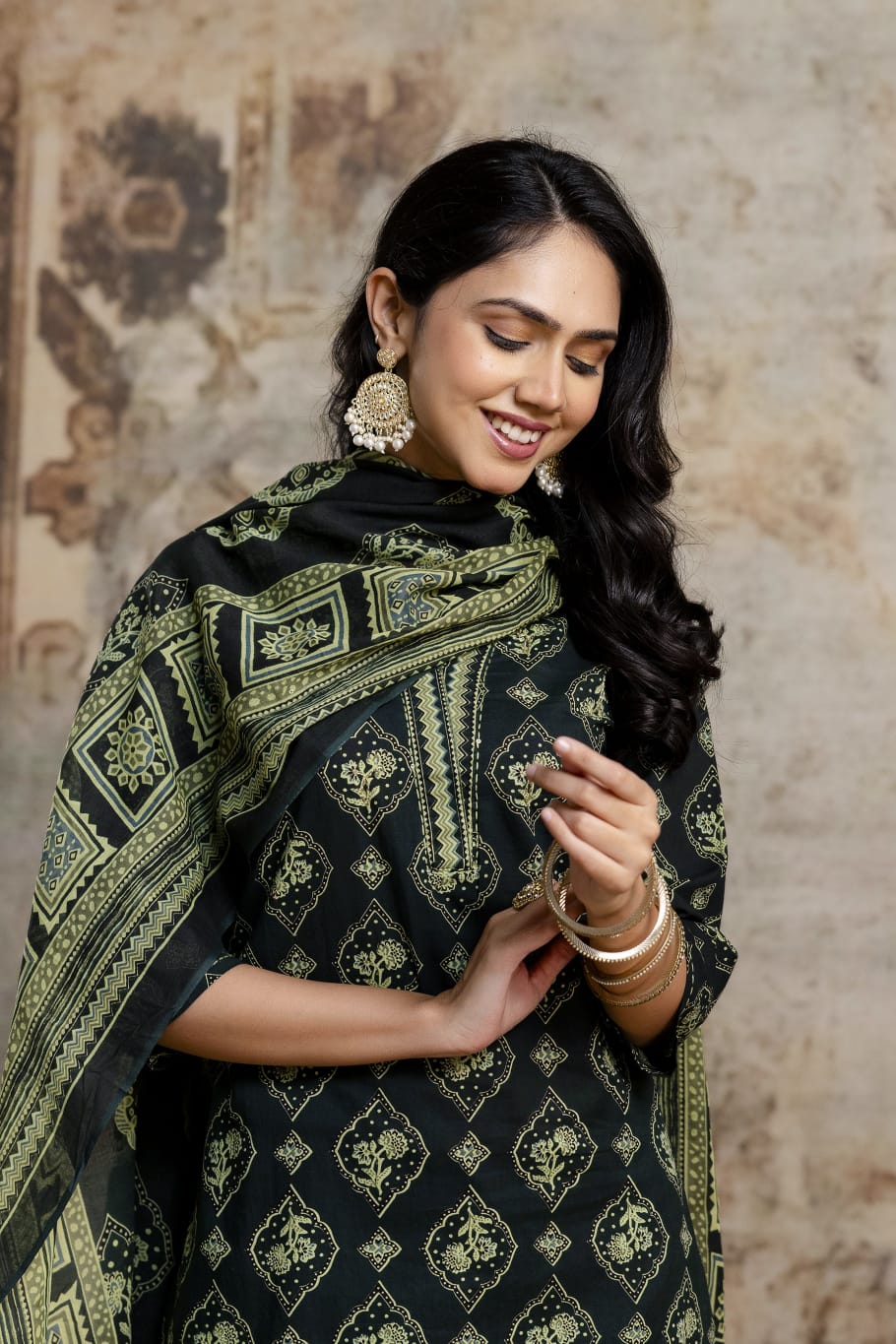 Olive Green Printed Cotton Kurta Set, Contrasting Striped Pants with Detailed Border Dupatta