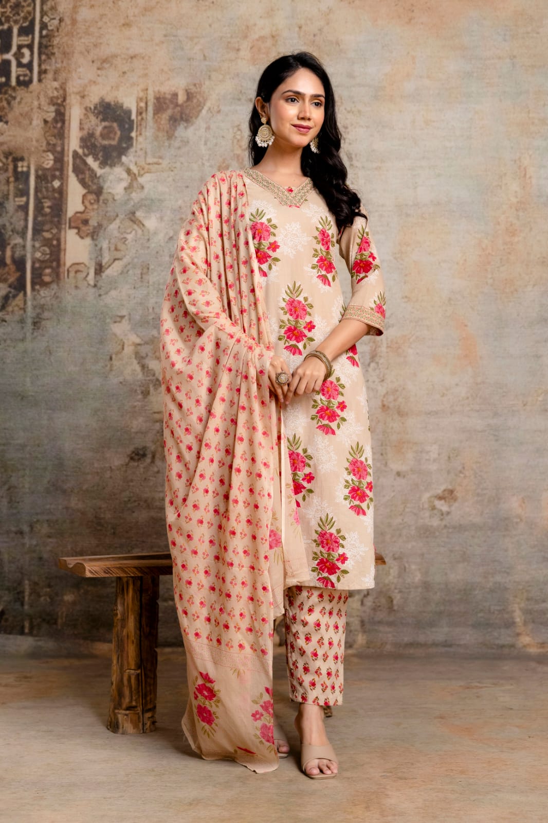 Beige Pure Cotton Suit Set with Pink Floral Block Print