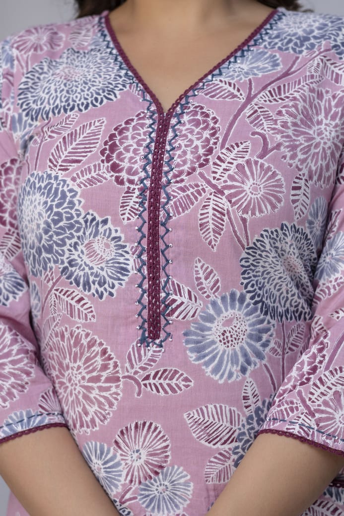 Women's Pastel Pink & Lavender Floral Printed Pure Cotton Kurta Set with Dupatta