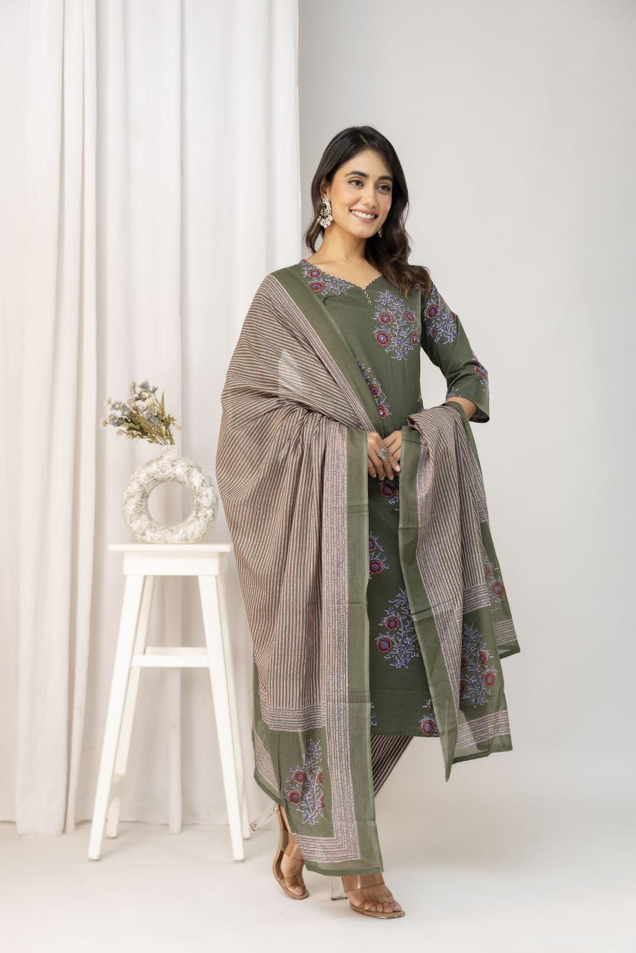 Olive Green Floral Printed Cotton Suit Set with Dupatta