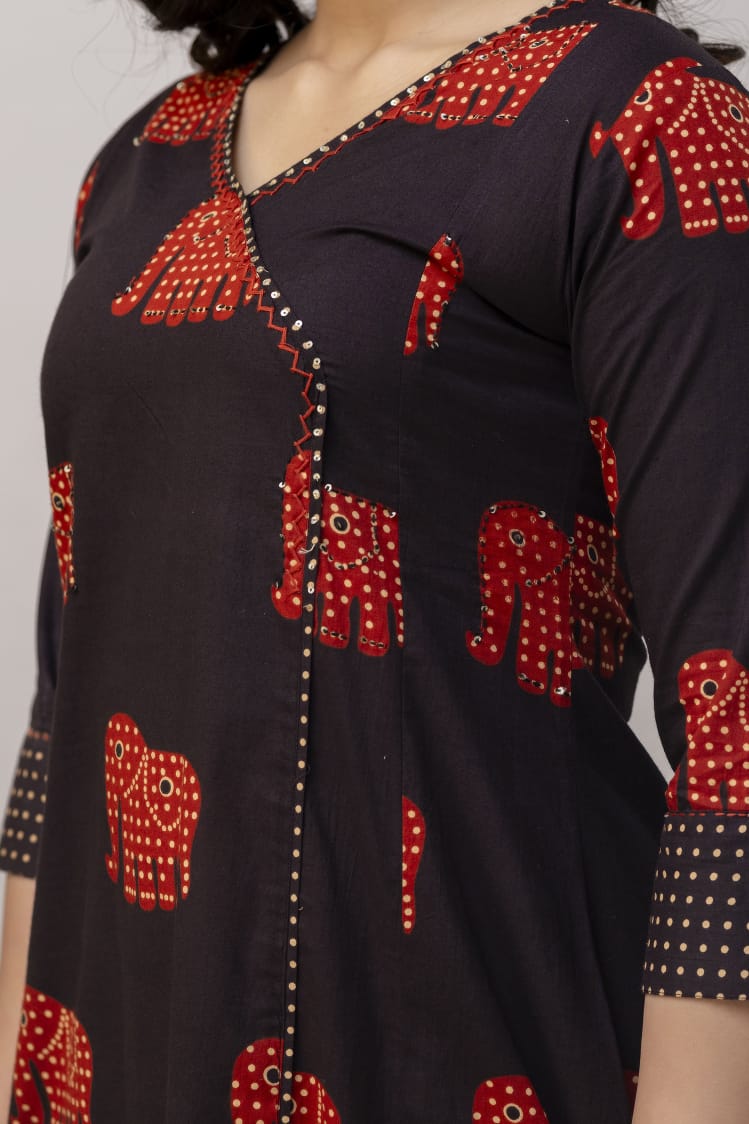 Red and Black Angrakha-Style Printed Kurta Set
