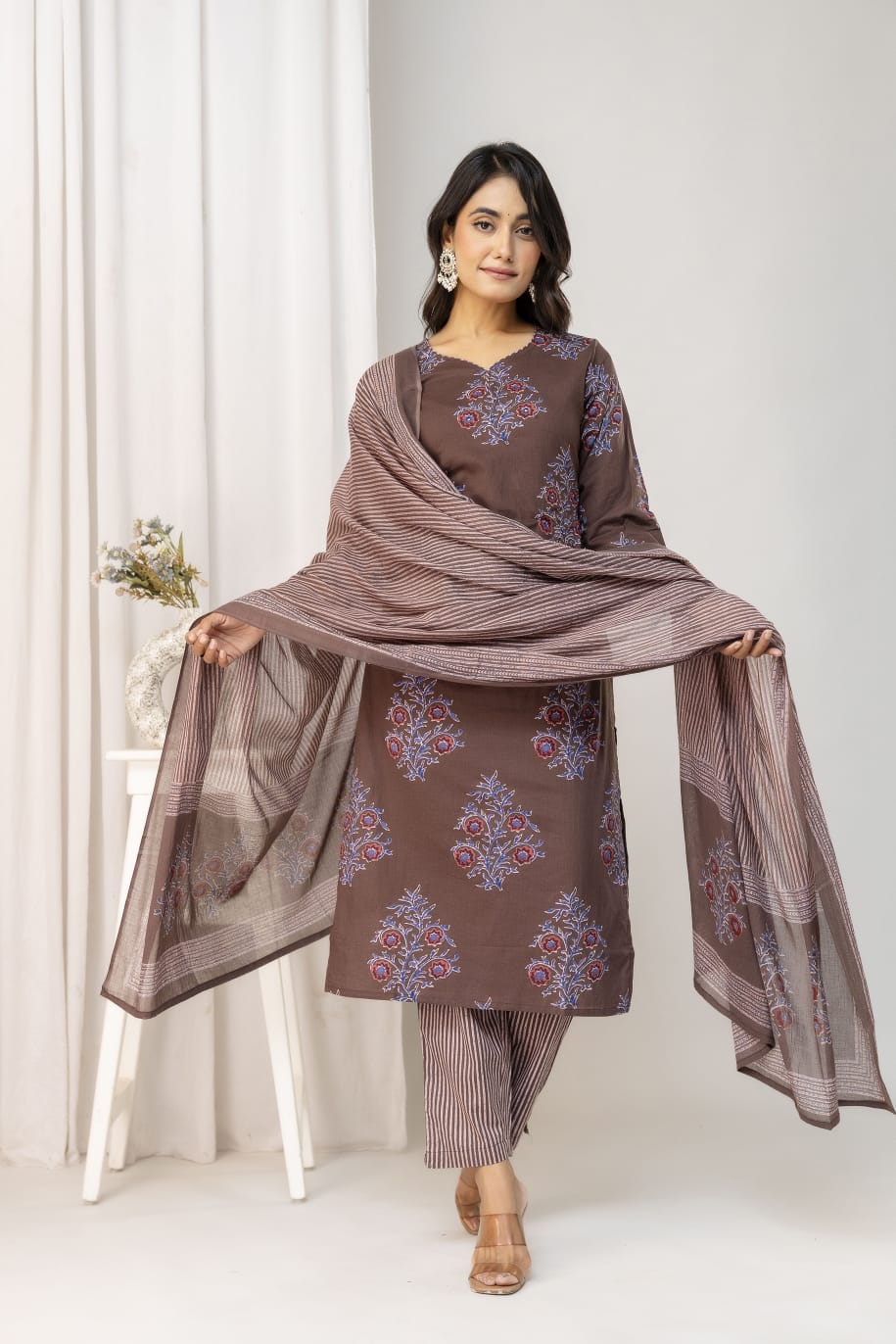 Olive Green Floral Printed Cotton Suit Set with Dupatta
