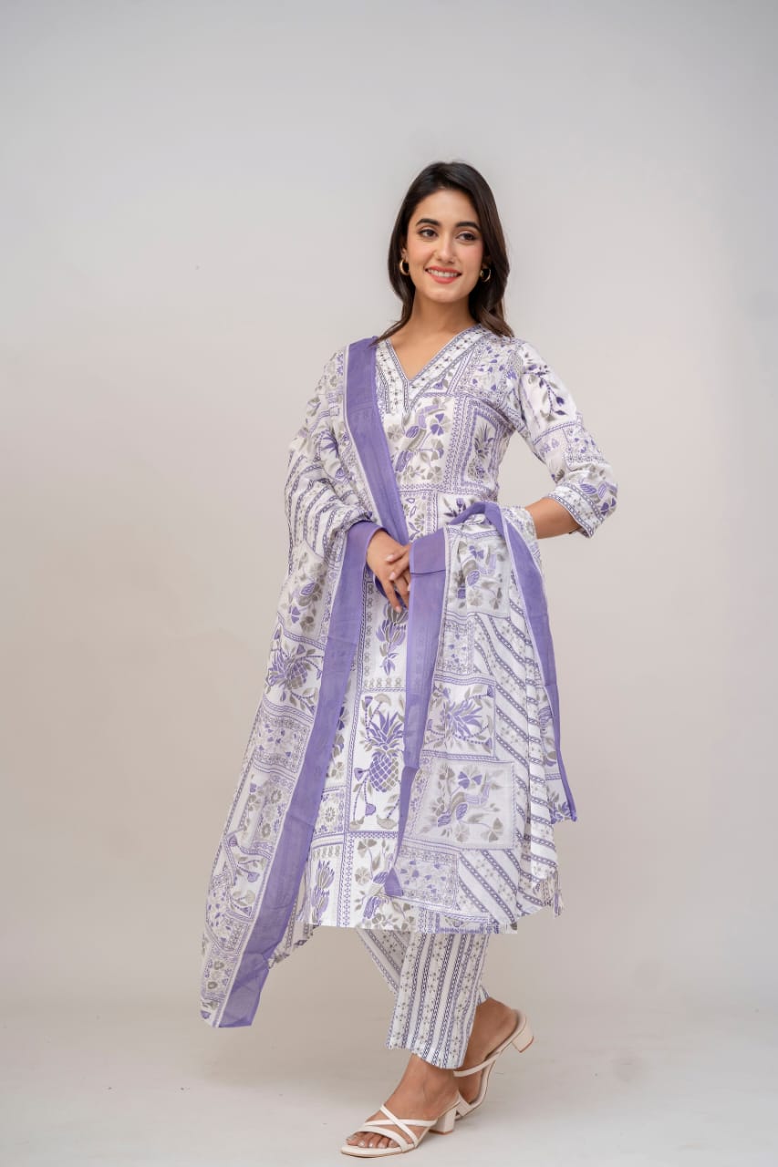 Muted Pink & White Hand-Block Printed Cotton Suit Set with Dupatta