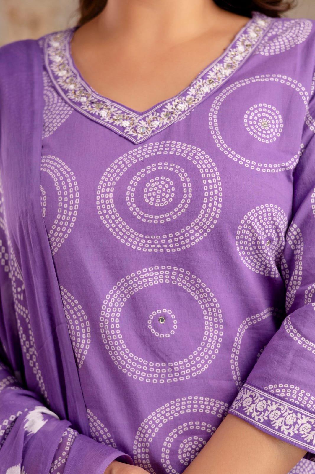 Purple Pure Cotton Suit Set with White Shibori Print