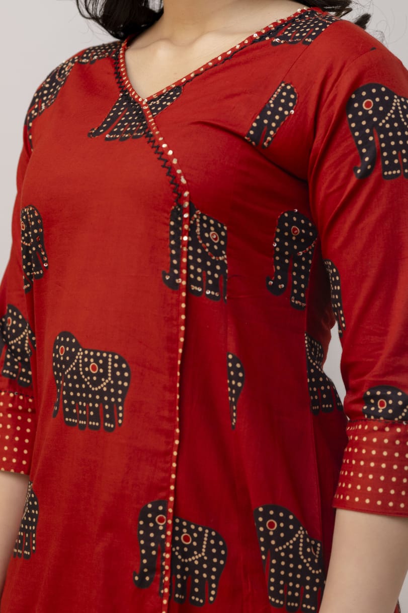 Red and Black Angrakha-Style Printed Kurta Set