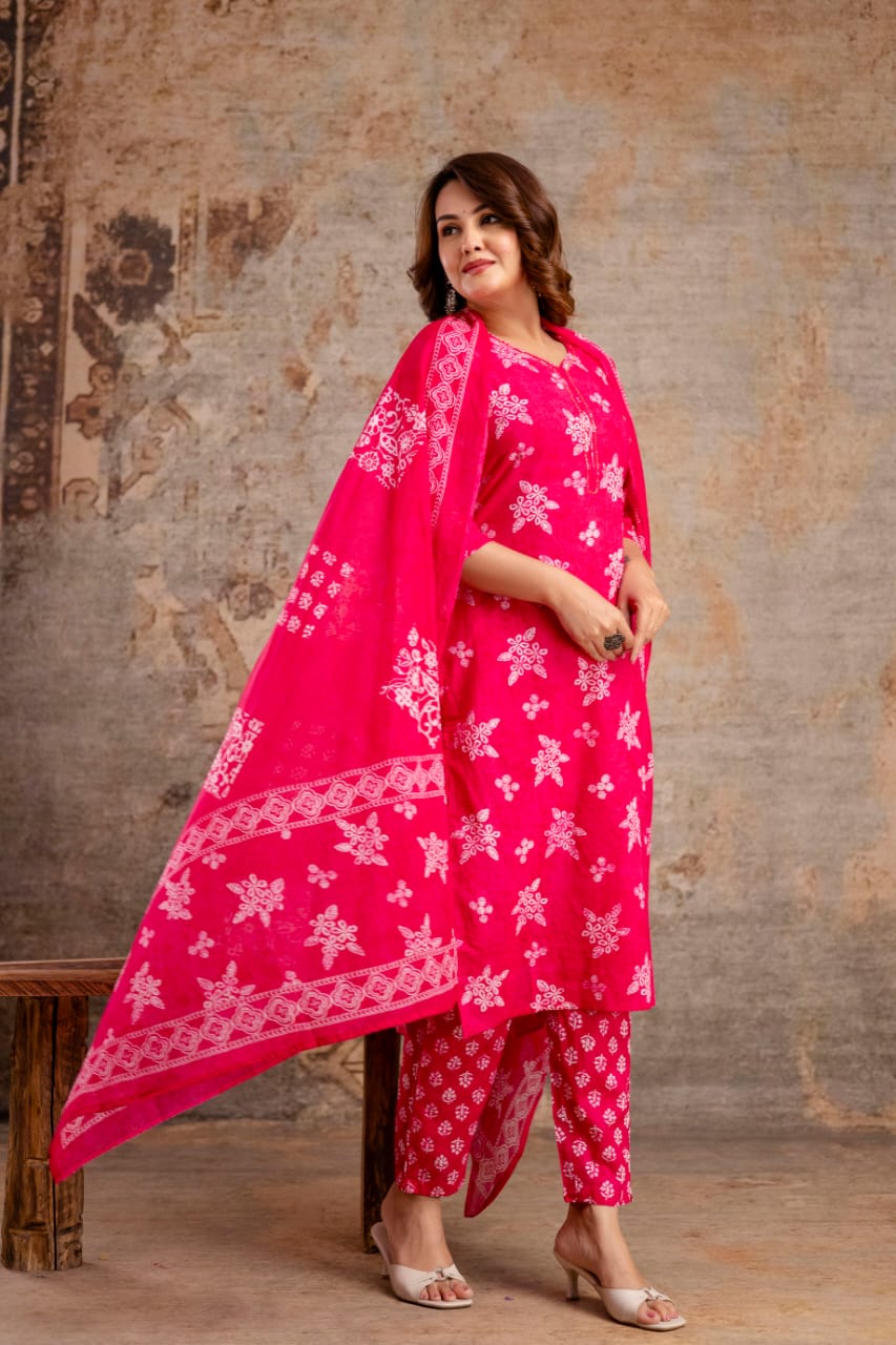 Indigo Blue Pure Cotton Suit Set with White Block Print & Dupatta