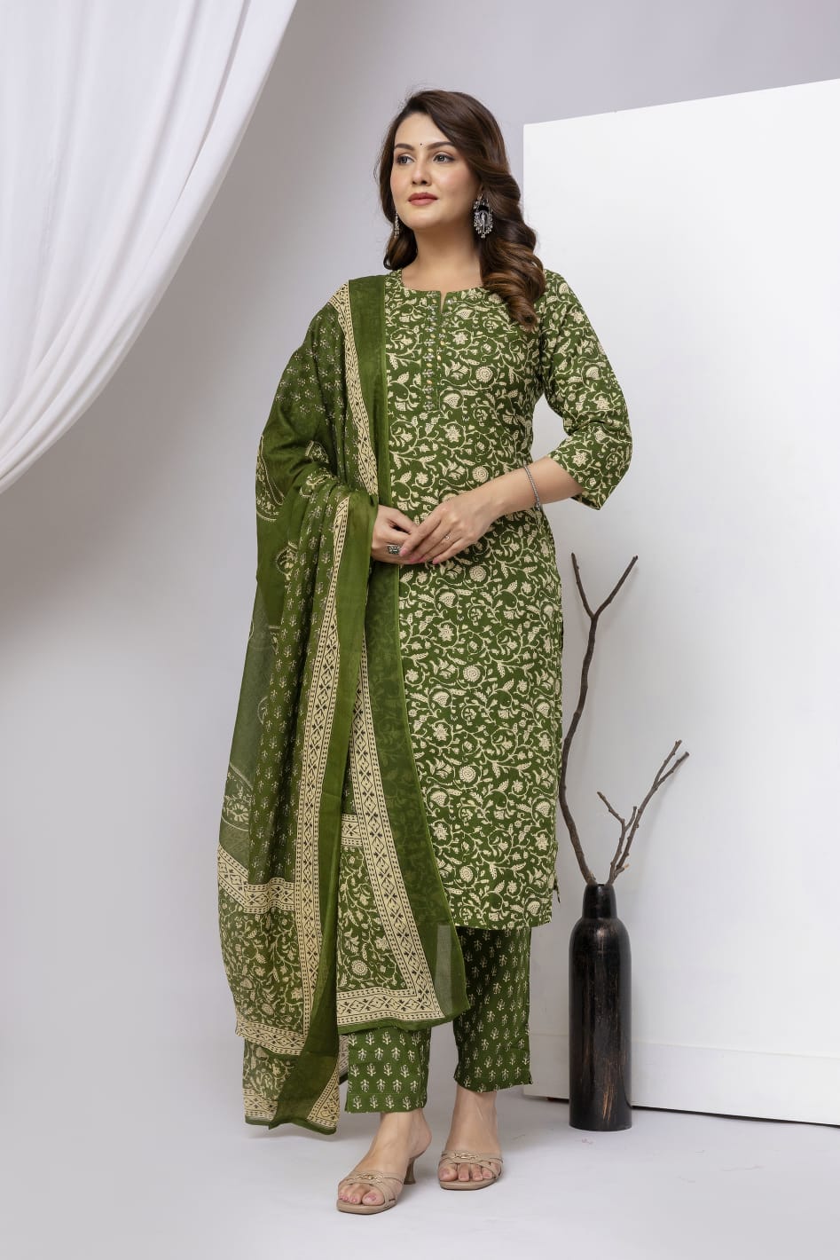 Olive Green Block Print Pure Cotton Suit Set with Border Dupatta