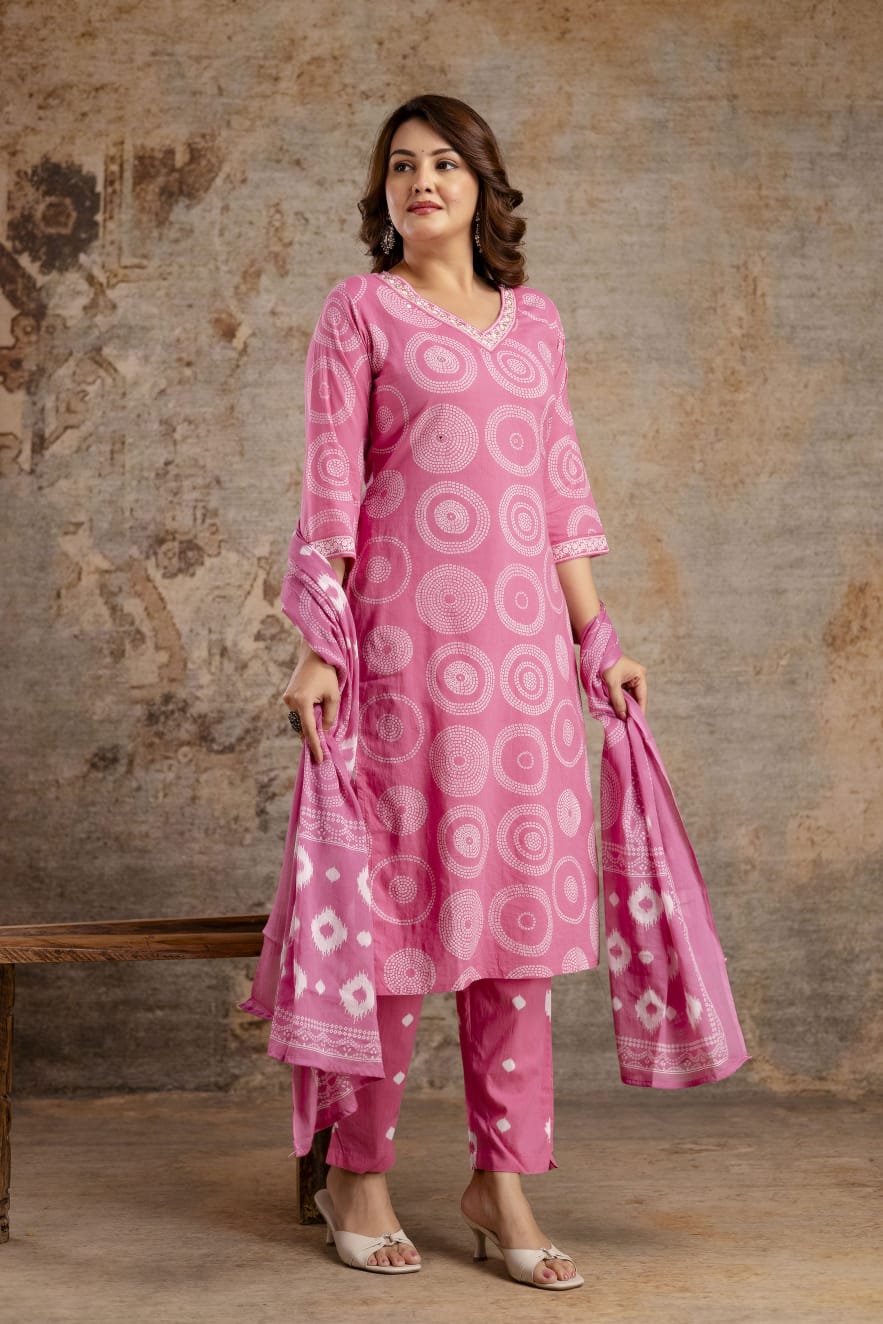 Purple Pure Cotton Suit Set with White Shibori Print