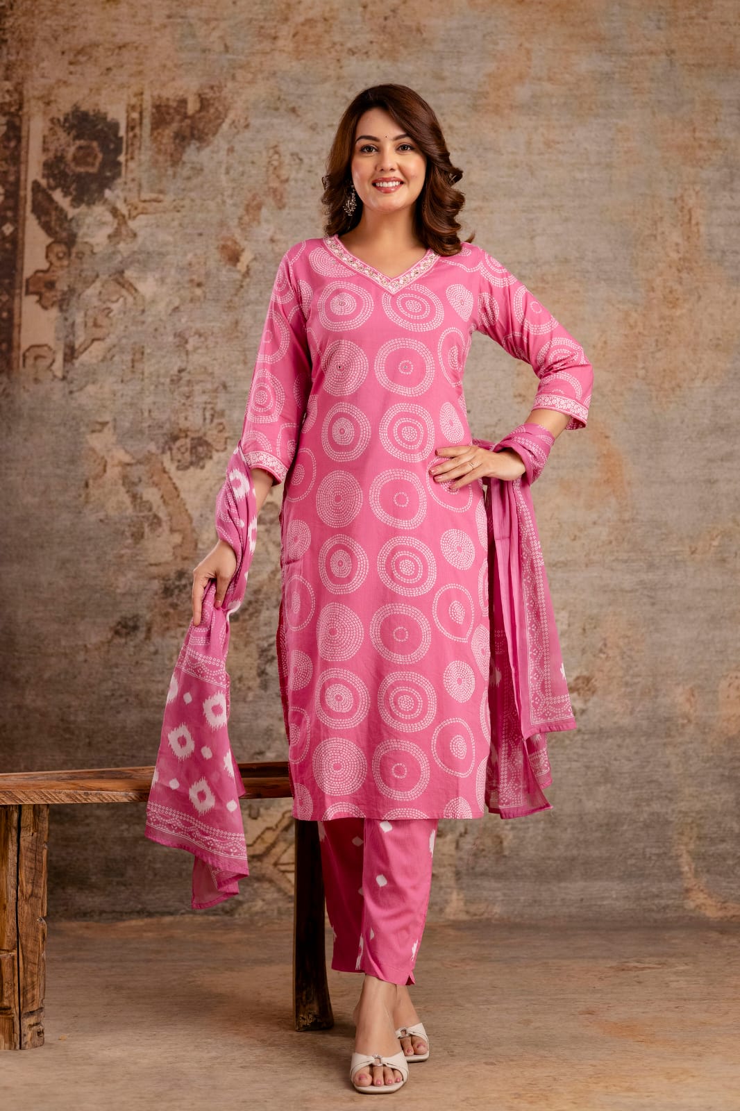 Purple Pure Cotton Suit Set with White Shibori Print