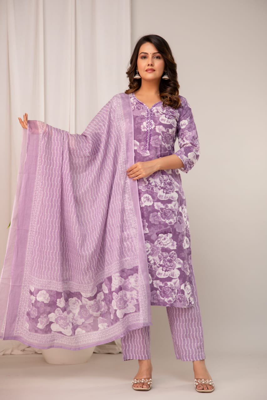 Women's Lavender Pure Cotton Suit Set with White Floral Print & Striped Dupatta