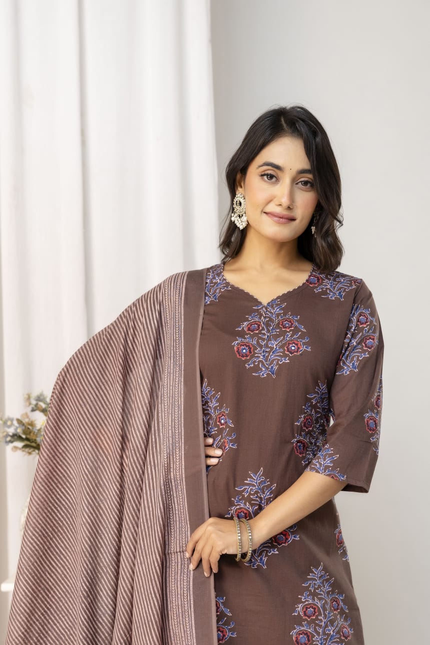 Olive Green Floral Printed Cotton Suit Set with Dupatta